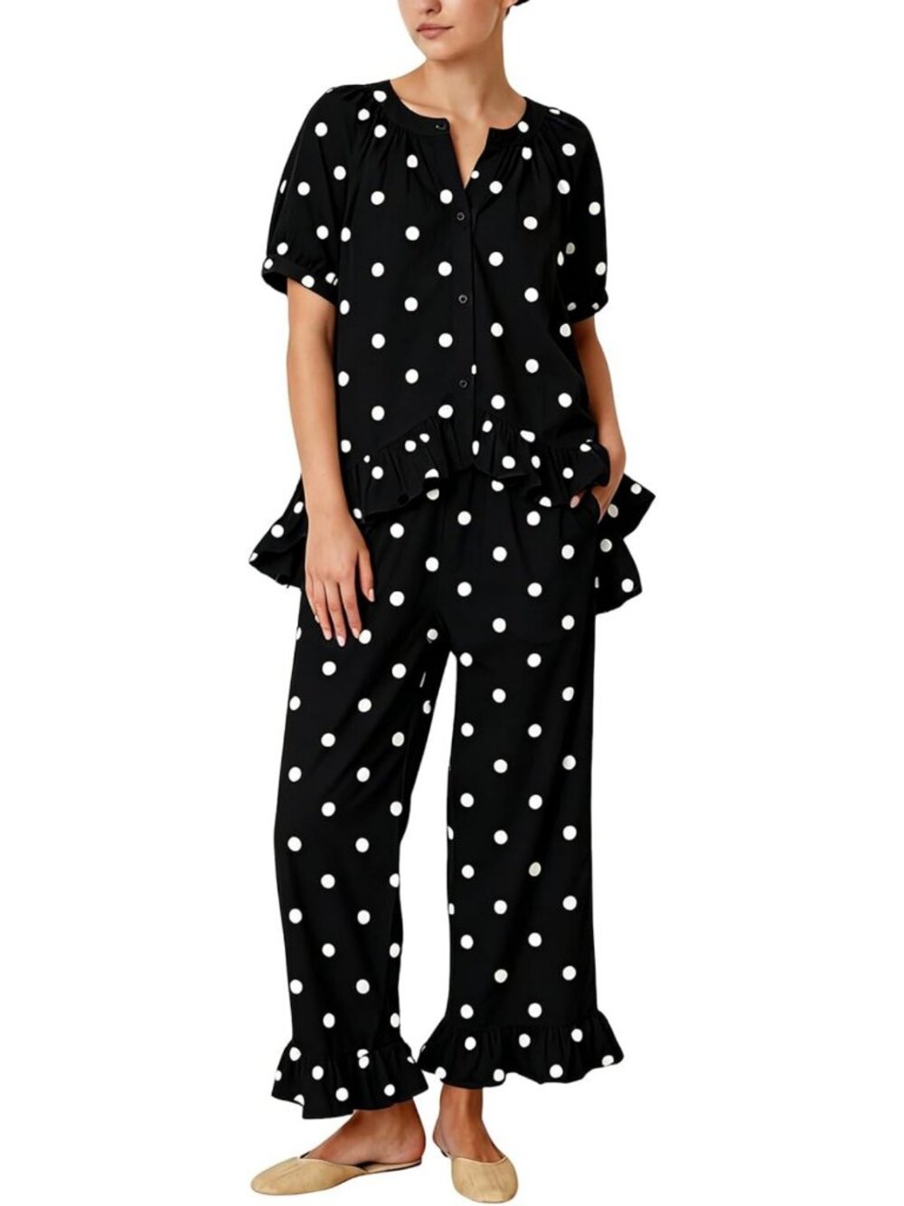 Chic Women's Polka Dot 2-Piece Pajama Set | Soft Cotton Ruffle Sleepwear